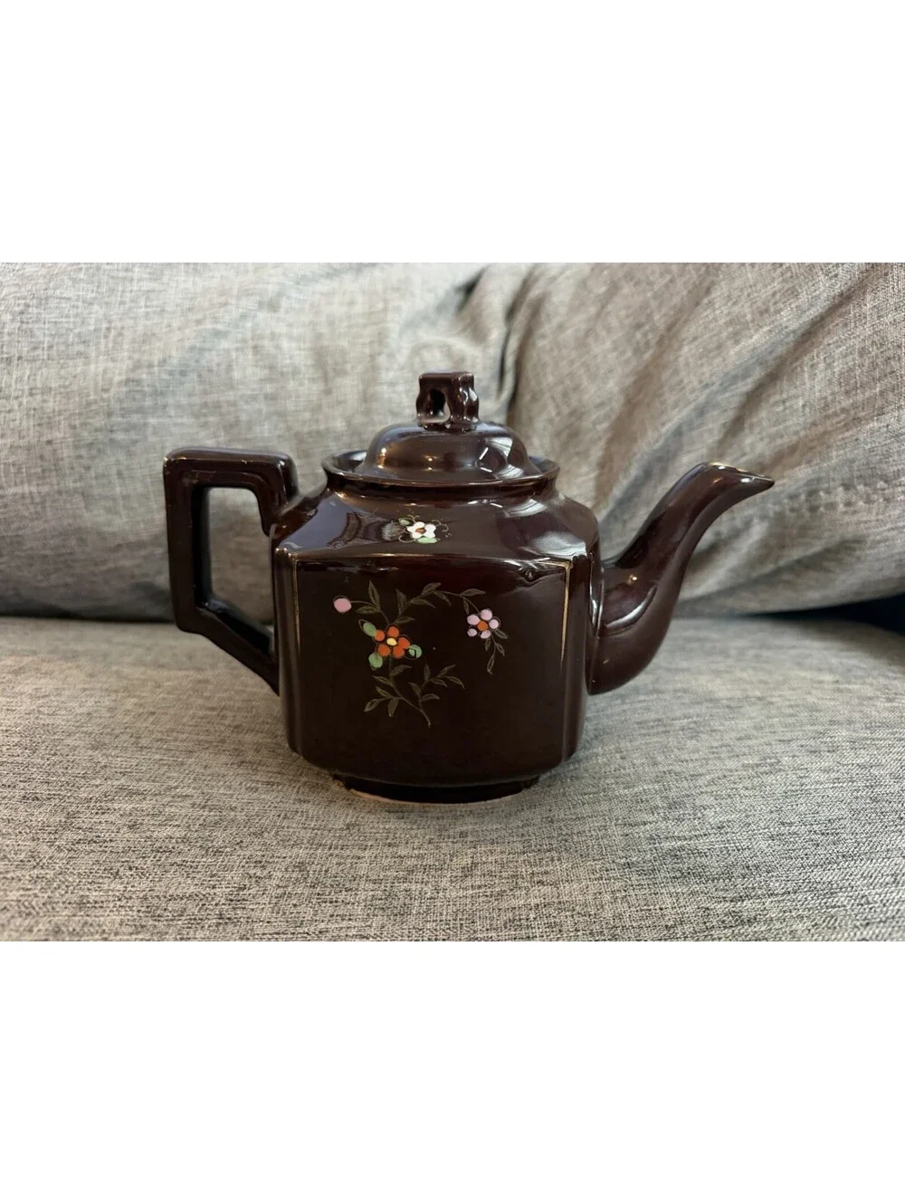 Vintage Made in Japan Brown Glazed Teapot Hand Painted Enamel Floral